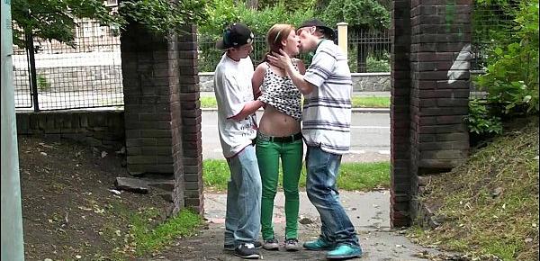  Cute teen Alexis Crystal PUBLIC street threesome gangbang with 2 young guys